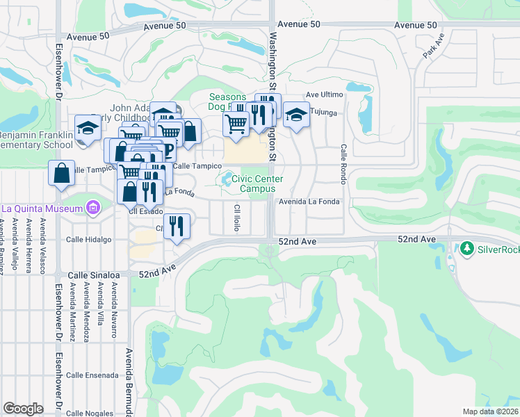 map of restaurants, bars, coffee shops, grocery stores, and more near 78510 Avenida La Fonda in La Quinta