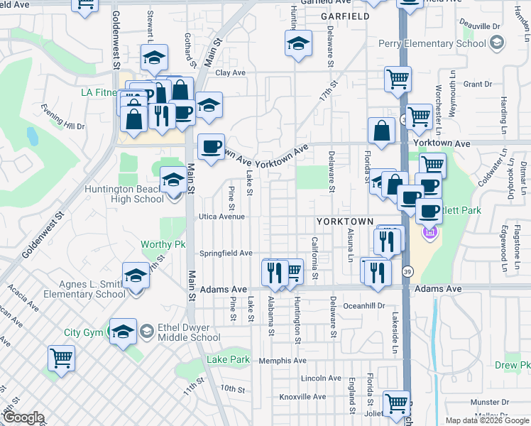 map of restaurants, bars, coffee shops, grocery stores, and more near 1922 Lake Street in Huntington Beach