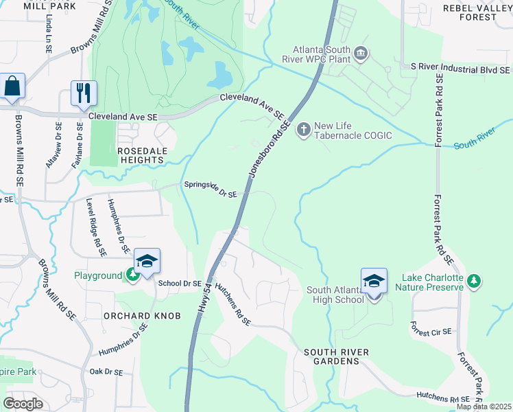 map of restaurants, bars, coffee shops, grocery stores, and more near 2860 Jonesboro Road Southeast in Atlanta