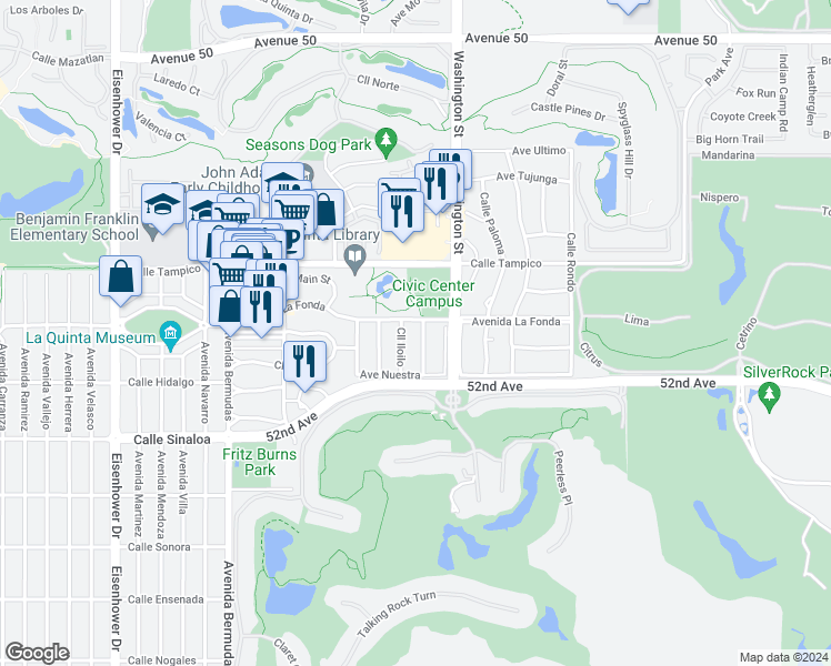 map of restaurants, bars, coffee shops, grocery stores, and more near 51315 Calle Jacumba in La Quinta
