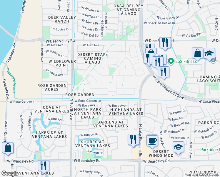 map of restaurants, bars, coffee shops, grocery stores, and more near North 103rd Lane in Peoria