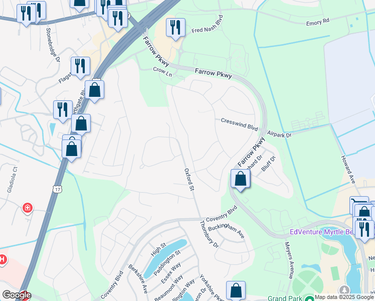map of restaurants, bars, coffee shops, grocery stores, and more near 1548 Suncrest Drive in Myrtle Beach