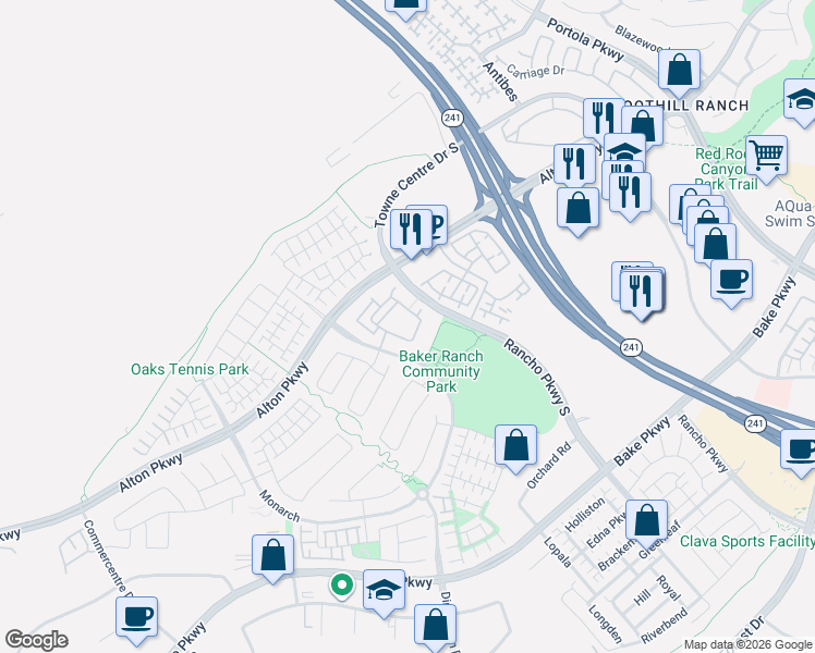 map of restaurants, bars, coffee shops, grocery stores, and more near 49 Finch in Lake Forest