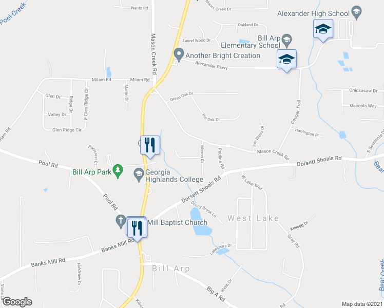 map of restaurants, bars, coffee shops, grocery stores, and more near 6840 Spring Valley Court in Douglasville