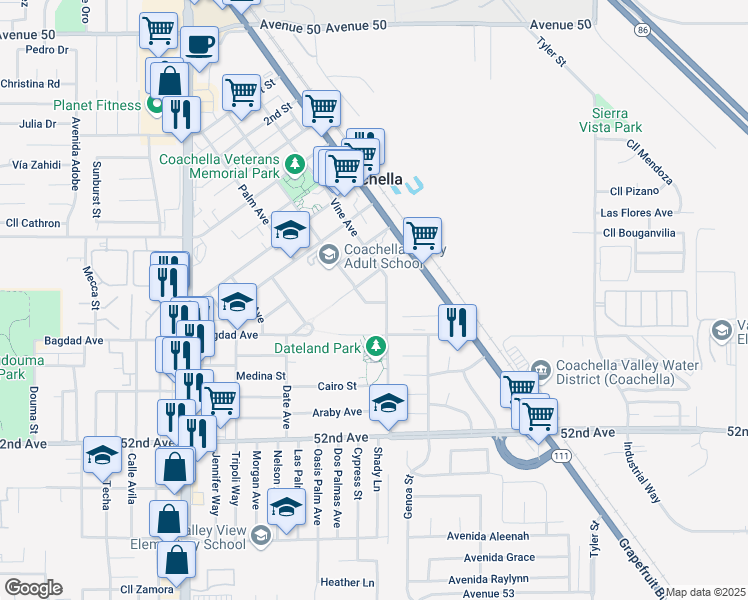 map of restaurants, bars, coffee shops, grocery stores, and more near 1400 Orchard Street in Coachella