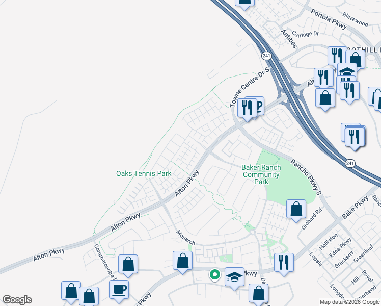 map of restaurants, bars, coffee shops, grocery stores, and more near 12 Torosa in Lake Forest