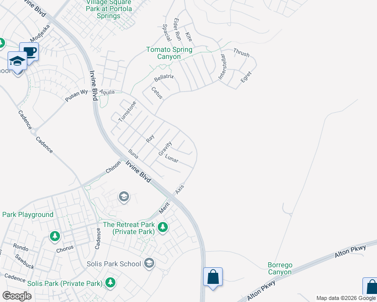 map of restaurants, bars, coffee shops, grocery stores, and more near 55 Hartman in Irvine