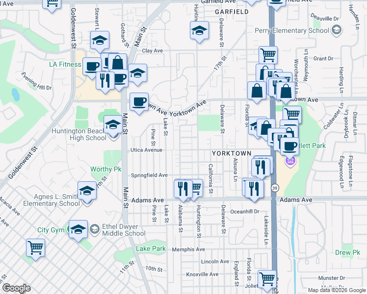 map of restaurants, bars, coffee shops, grocery stores, and more near 203 Utica Avenue in Huntington Beach