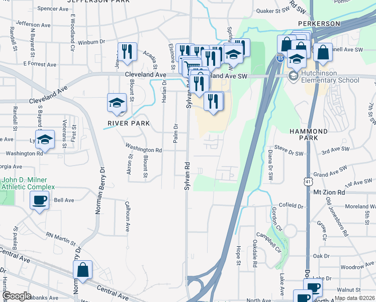 map of restaurants, bars, coffee shops, grocery stores, and more near 2874 Sylvan Road in Atlanta