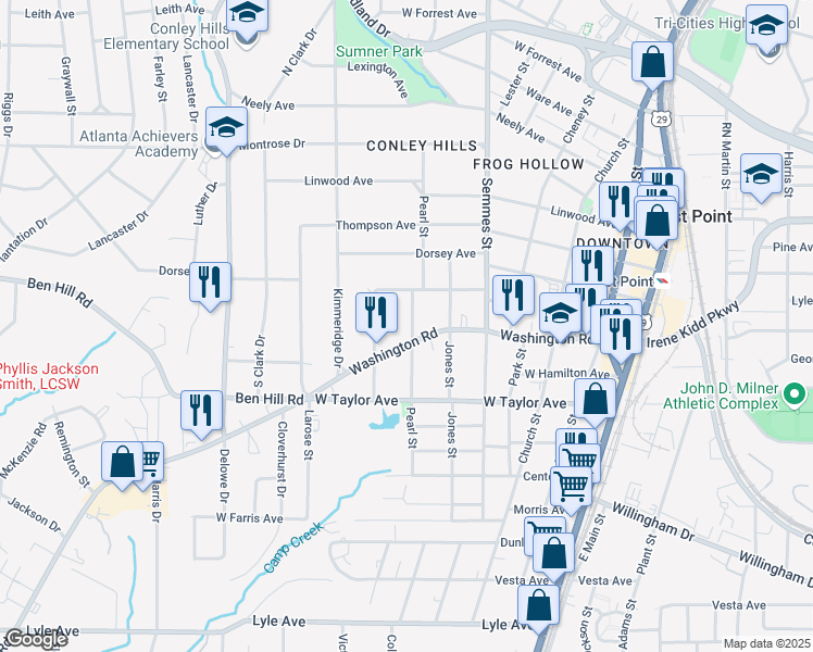 map of restaurants, bars, coffee shops, grocery stores, and more near 2911 Pearl Street in Atlanta