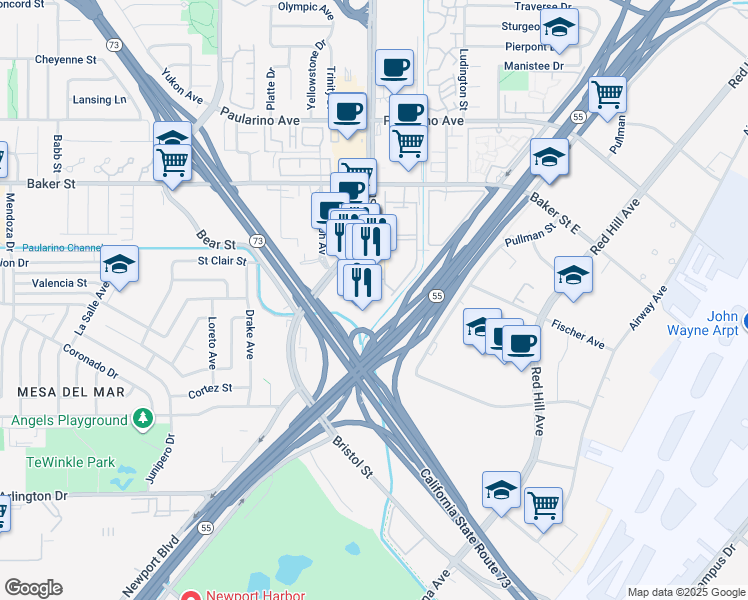 map of restaurants, bars, coffee shops, grocery stores, and more near 691 Randolph Avenue in Costa Mesa
