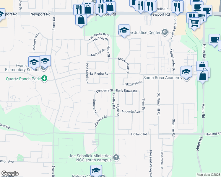 map of restaurants, bars, coffee shops, grocery stores, and more near 26966 Canberra Street in Menifee