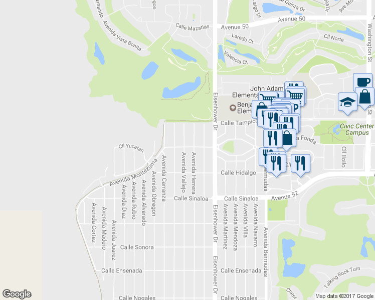 map of restaurants, bars, coffee shops, grocery stores, and more near 51260 Avenida Vallejo in La Quinta