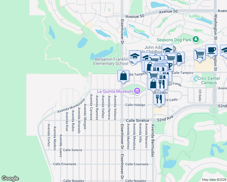 map of restaurants, bars, coffee shops, grocery stores, and more near 51225 Eisenhower Drive in La Quinta