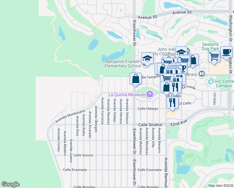 map of restaurants, bars, coffee shops, grocery stores, and more near 51219 Avenue Herrera in La Quinta