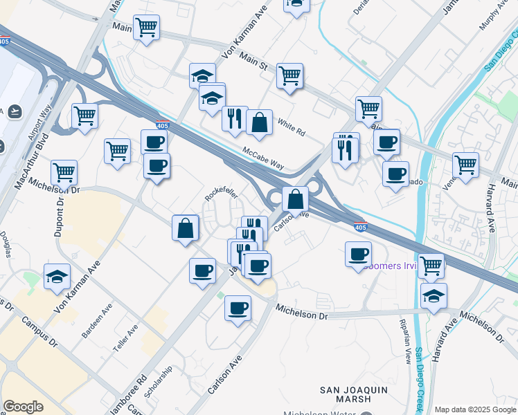 map of restaurants, bars, coffee shops, grocery stores, and more near 120 Bowery in Irvine