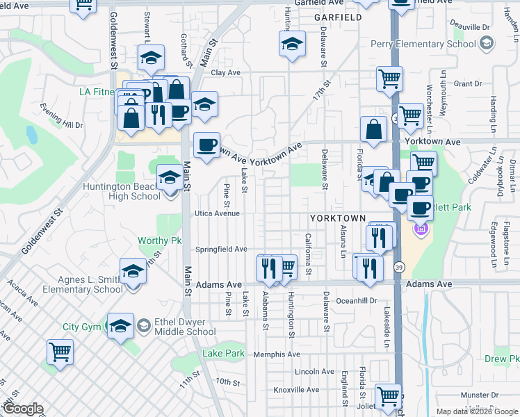 map of restaurants, bars, coffee shops, grocery stores, and more near 1922 Lake Street in Huntington Beach