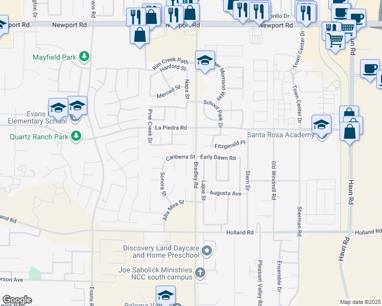 map of restaurants, bars, coffee shops, grocery stores, and more near 26966 Canberra Street in Menifee