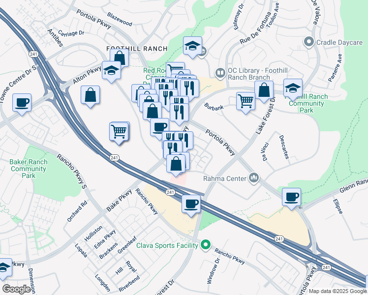 map of restaurants, bars, coffee shops, grocery stores, and more near 1210 El Paseo in Lake Forest