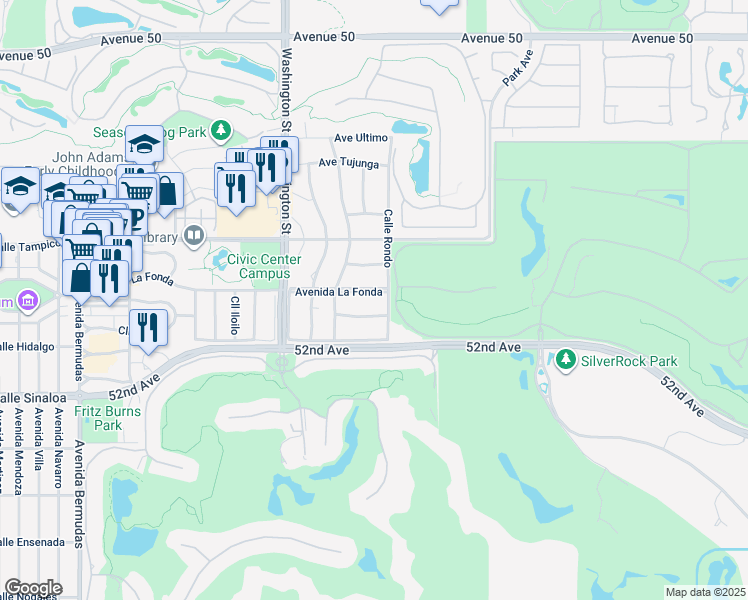 map of restaurants, bars, coffee shops, grocery stores, and more near 78740 Avenida La Fonda in La Quinta