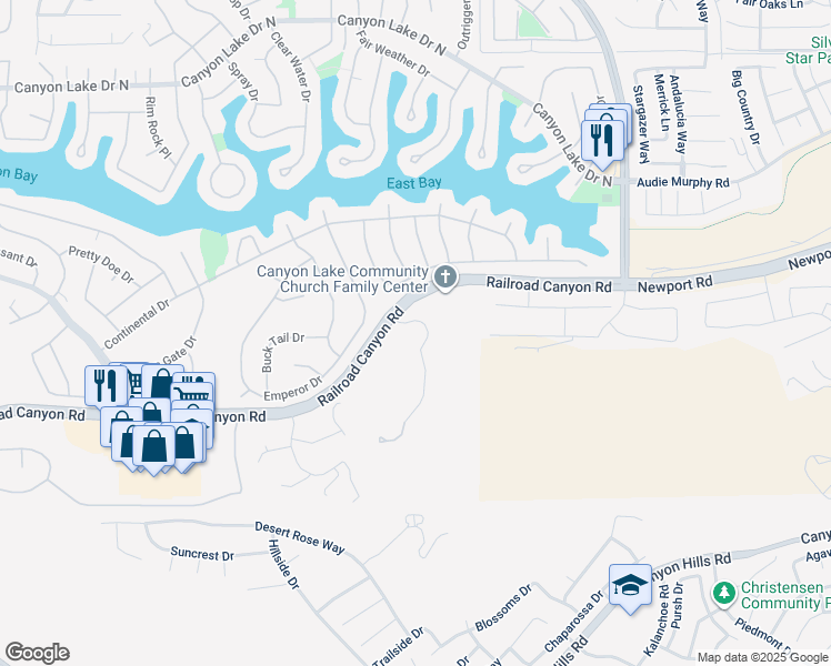 map of restaurants, bars, coffee shops, grocery stores, and more near 30605 Sorrel Lane in Canyon Lake