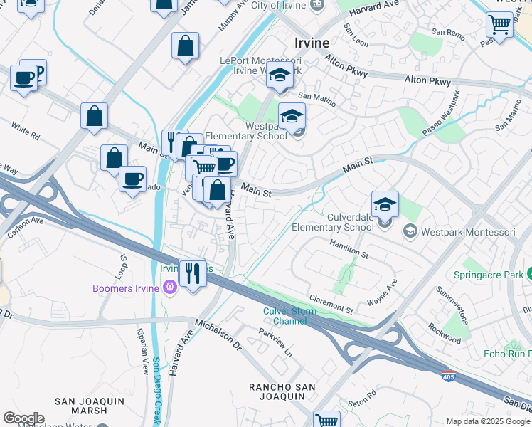 map of restaurants, bars, coffee shops, grocery stores, and more near 47 Alcoba in Irvine