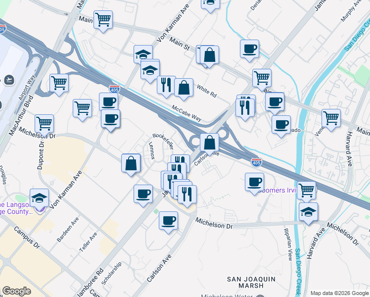 map of restaurants, bars, coffee shops, grocery stores, and more near 111 Bowery in Irvine