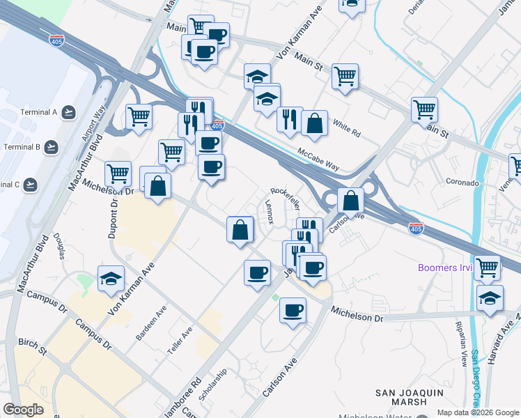 map of restaurants, bars, coffee shops, grocery stores, and more near 505 Rockefeller in Irvine