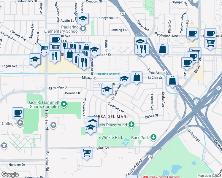 map of restaurants, bars, coffee shops, grocery stores, and more near 989 Valencia Street in Costa Mesa
