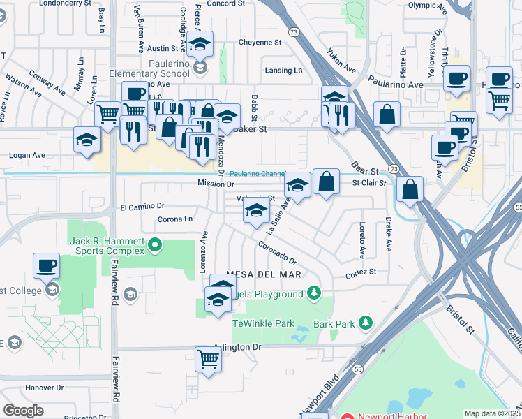 map of restaurants, bars, coffee shops, grocery stores, and more near 989 Valencia Street in Costa Mesa