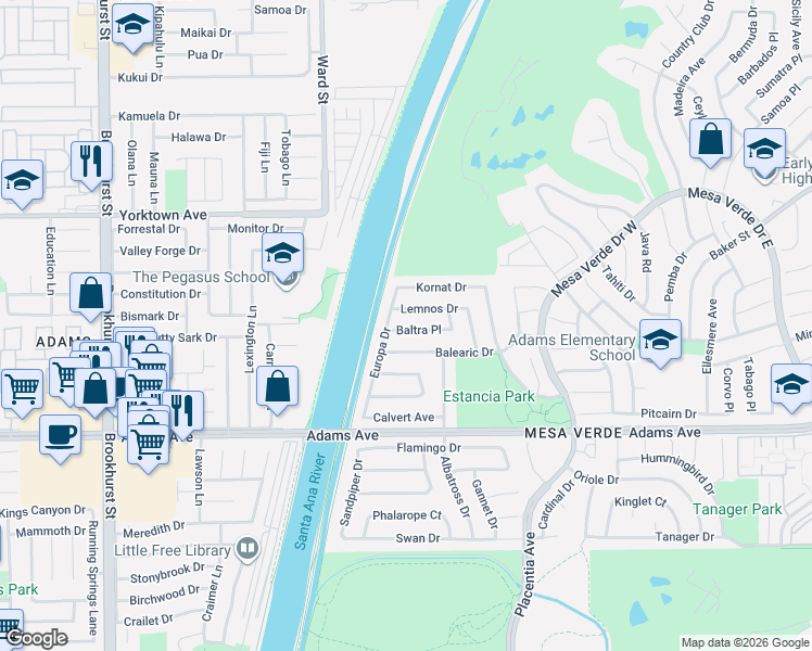 map of restaurants, bars, coffee shops, grocery stores, and more near 2025 Lemnos Drive in Costa Mesa