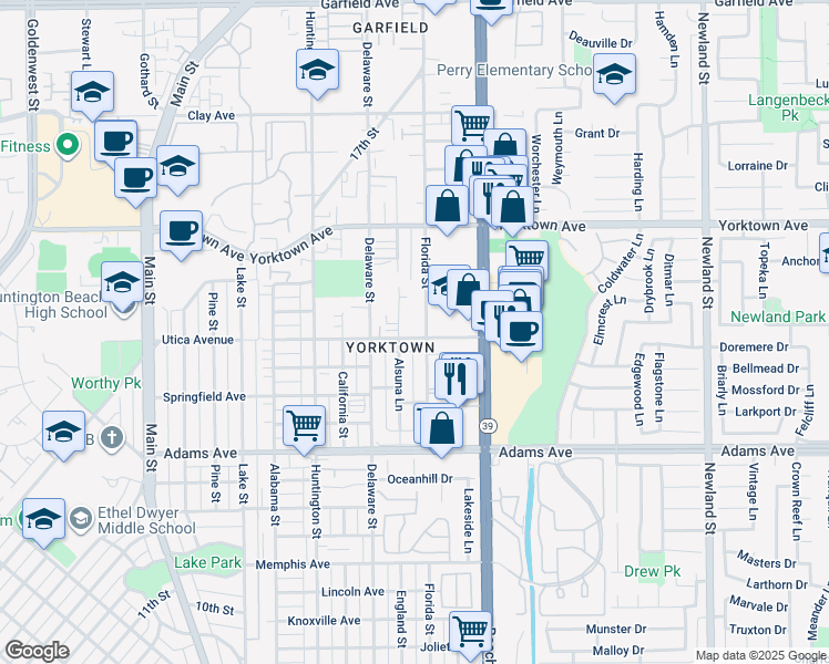 map of restaurants, bars, coffee shops, grocery stores, and more near 2116 Hess Circle in Huntington Beach