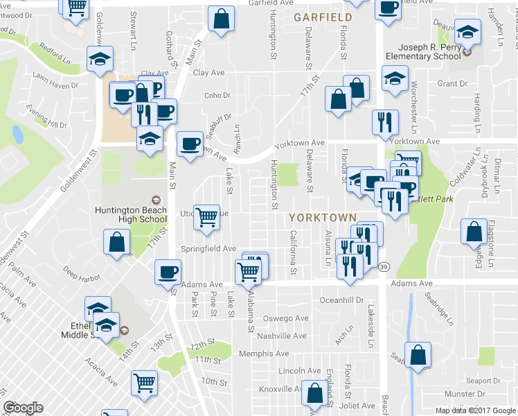 map of restaurants, bars, coffee shops, grocery stores, and more near 216 Venice Avenue in Huntington Beach