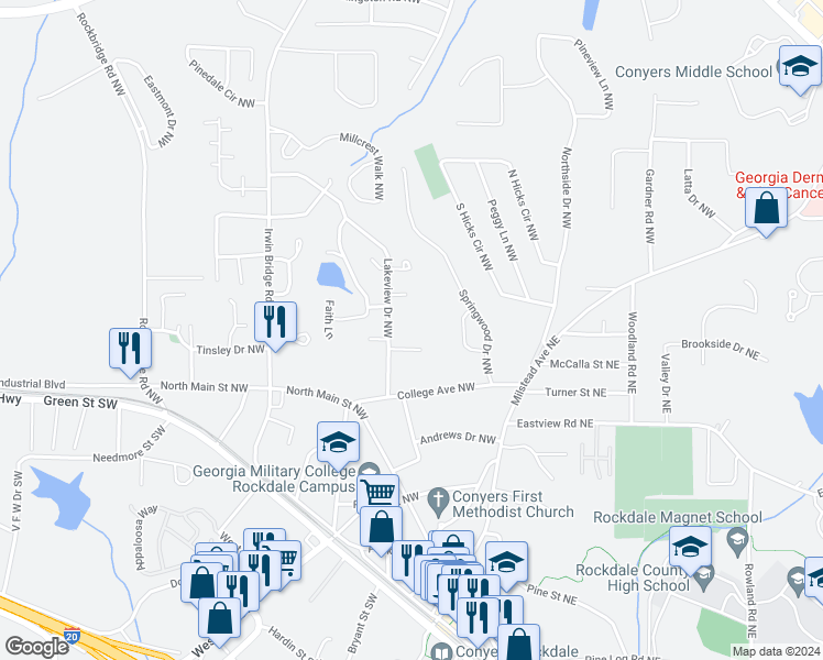 map of restaurants, bars, coffee shops, grocery stores, and more near 1115 Windgate Circle Northwest in Conyers