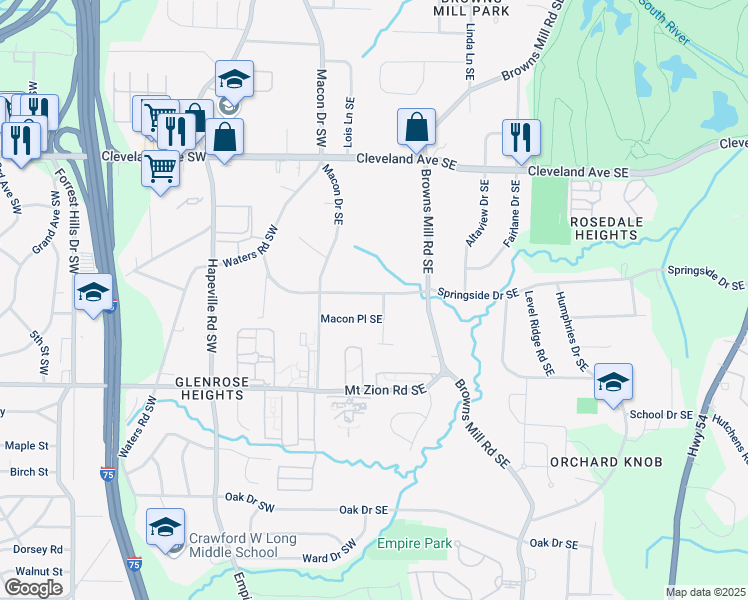 map of restaurants, bars, coffee shops, grocery stores, and more near 58 Springside Drive Southeast in Atlanta