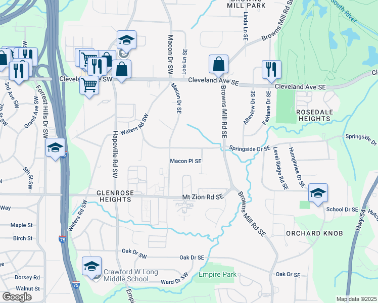 map of restaurants, bars, coffee shops, grocery stores, and more near 53 Springside Drive Southeast in Atlanta