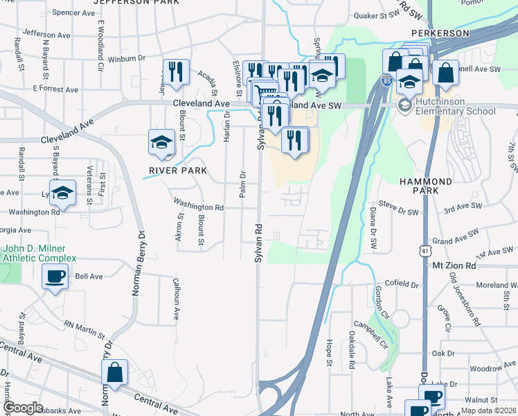 map of restaurants, bars, coffee shops, grocery stores, and more near 2874 Sylvan Road in Atlanta