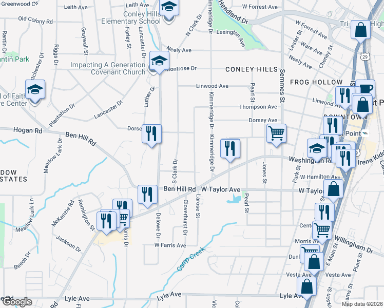 map of restaurants, bars, coffee shops, grocery stores, and more near 2907 Cloverhurst Drive in Atlanta
