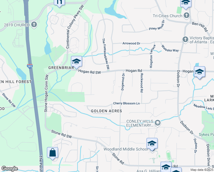 map of restaurants, bars, coffee shops, grocery stores, and more near 3024 Hogan Road Southwest in Atlanta