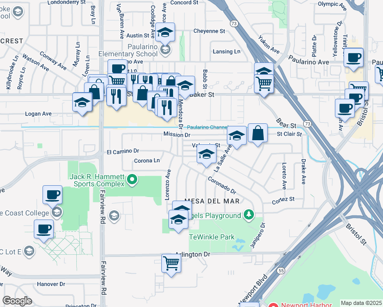 map of restaurants, bars, coffee shops, grocery stores, and more near 1034 El Camino Drive in Costa Mesa