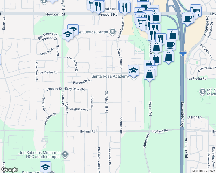 map of restaurants, bars, coffee shops, grocery stores, and more near 30620 Old Windmill Road in Menifee