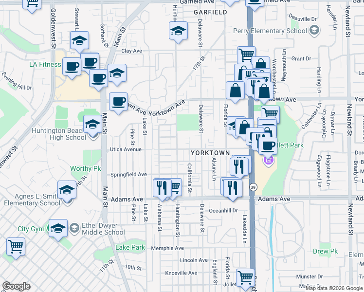 map of restaurants, bars, coffee shops, grocery stores, and more near 309 Utica Avenue in Huntington Beach