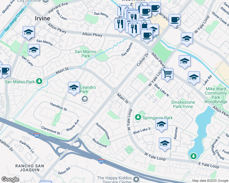 map of restaurants, bars, coffee shops, grocery stores, and more near Culver Dr & Main Street in Irvine