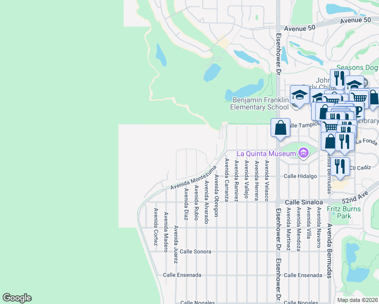map of restaurants, bars, coffee shops, grocery stores, and more near 51255 Avenida Diaz in La Quinta