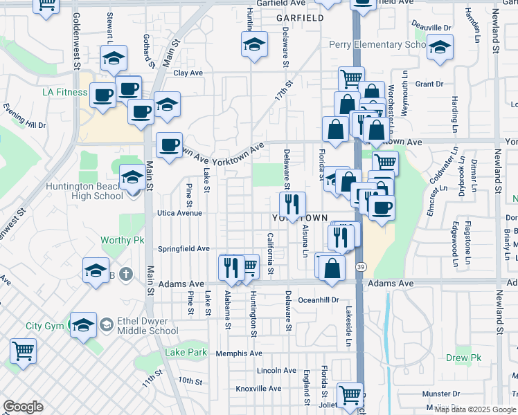 map of restaurants, bars, coffee shops, grocery stores, and more near in Huntington Beach