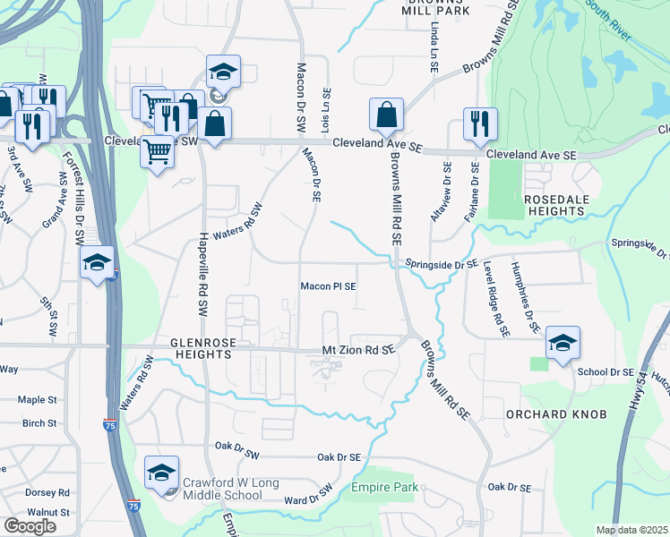 map of restaurants, bars, coffee shops, grocery stores, and more near 53 Springside Drive Southeast in Atlanta