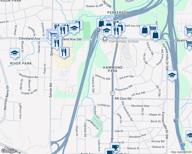 map of restaurants, bars, coffee shops, grocery stores, and more near 682 Steve Drive Southwest in Atlanta