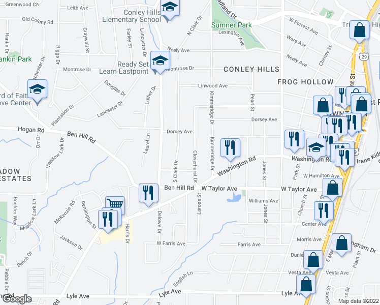 map of restaurants, bars, coffee shops, grocery stores, and more near 2907 Cloverhurst Drive in Atlanta