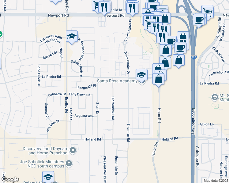 map of restaurants, bars, coffee shops, grocery stores, and more near 30620 Old Windmill Road in Menifee
