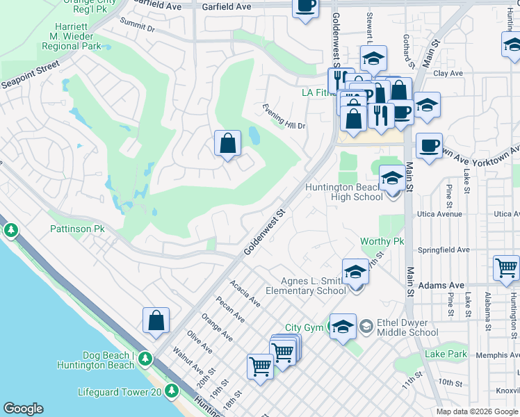 map of restaurants, bars, coffee shops, grocery stores, and more near 19741 Quiet Bay Lane in Huntington Beach